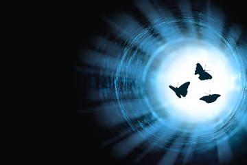Three butterflies flew into the tunnel. Bright light at the end of a dark tunnel with copy space...