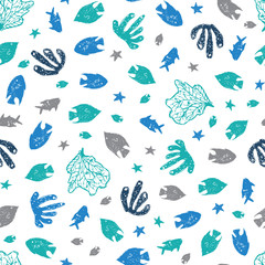 Vector white coral reef fish pen sketch repeat pattern. Perfect for fabric, scrapbooking and wallpaper projects.