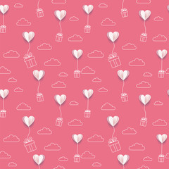 Valentines paper put hearts balloons with line art gift boxes and clouds background. Seamless patern for Happy Mother's or Valentine's Day greeting card design. Vector 3d and flat illustration