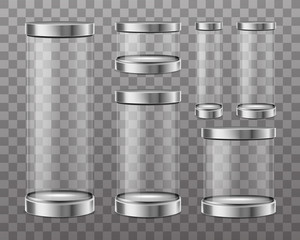 Empty cylinder capsule, clear showcase isolated on transparent background. Vector mockup of round boxes different sizes with steel caps, blank circle stand for exhibition in gallery, museum