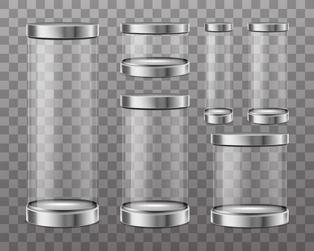 Empty Cylinder Capsule, Clear Showcase Isolated On Transparent Background. Vector Mockup Of Round Boxes Different Sizes With Steel Caps, Blank Circle Stand For Exhibition In Gallery, Museum