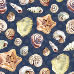 Sea shells and starfish watercolor seamless pattern.