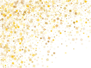 Geometric gold confetti sequins sparkles flying on white. Rich New Year vector sequins background. Gold foil confetti party decoration isolated. Many sparkles invitation backdrop.