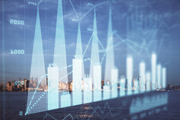 Forex chart on cityscape with skyscrapers wallpaper double exposure. Financial research concept.