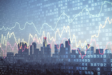 Forex chart on cityscape with skyscrapers wallpaper double exposure. Financial research concept.