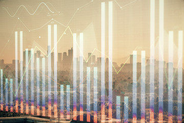 Forex chart on cityscape with skyscrapers wallpaper multi exposure. Financial research concept.