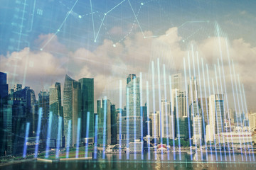 Forex chart on cityscape with skyscrapers wallpaper multi exposure. Financial research concept.