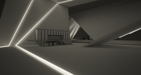 Obraz premium Abstract drawing architectural white interior of a minimalist house with swimming pool and neon lighting. 3D illustration and rendering.