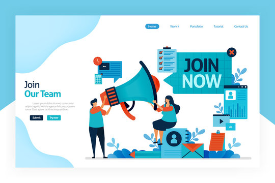 Landing page of join now. hiring and open recruitment of employee. referral memberships business. megaphone for refer a friend. resume application and job interview. designed for website, mobile app