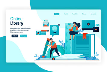 illustration of landing page for digital library. repository or collection of online database of text, images, audio, video, or other media format. organizing, searching, and retrieving book and print
