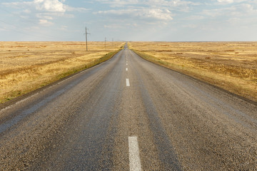 empty asphalt road across the steppe, Kazakhstan