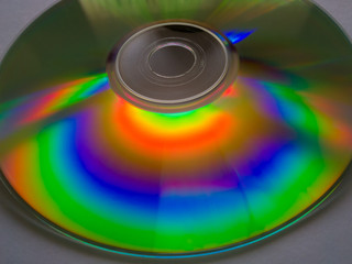 Compact disc (CD) is a digital optical disc data storage format that was co-developed by Philips and Sony and released in 1982. Disc on white background with rainbow colors. - Image