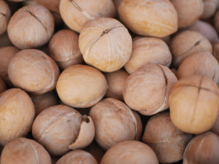 walnuts close up. Growing walnuts. A lot of walnuts. View from above.