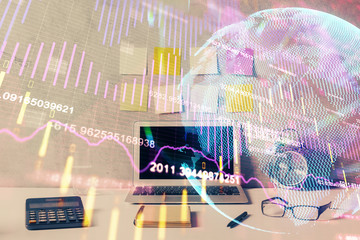 Multi exposure of chart and financial info and work space with computer background. Concept of international online trading.