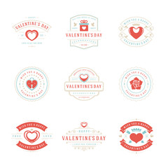 Obraz premium Happy valentines day greetings cards and badges vintage typography design with decoration symbols vector design elements