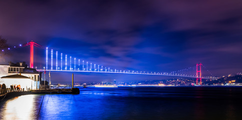 Istanbul Bosphorus Bridge at night. 15th July Martyrs Bridge. Istanbul / Turkey..