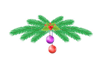 Christmas tree branches with decorations on a white background.