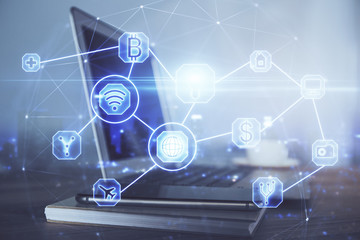 Computer on desktop with social network theme icon. Multi exposure. Concept of international connections.