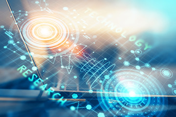 Multi exposure of computer on background and technology theme drawing. Concept of innovation.