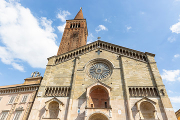 facade of the cathedral (Duomo) in Piacenza city, Emilia-Romagna region, Italy 