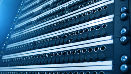 Supercomputer concept. Telecommunication server rack. Technology Background.