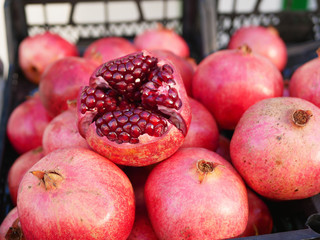 pomegranate closeup. Pomegranate farming. A lot of pomegranate. View from above.