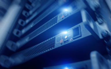 Supercomputer concept. Telecommunication server rack. Technology Background.