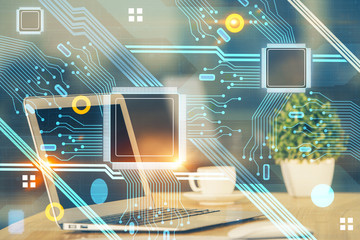 Technology theme drawing and table with computer. Multi exposure. Concept of information.