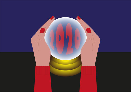 Bola de cristal con mano con a&ntilde;o 2020.