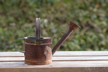 Old and rusty metal watering can on a wooden bench in a garden. With green grass in background.
