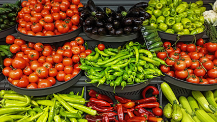 Colorful fresh and organic vegetables and fruits at the market counter in Istanbul, Turkey