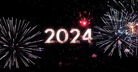 2024 text with amazing fireworks in the background. Perfect for the New Year celebration greeting with colorful fireworks, typography design - Event & Festive concept 4K	 - 312748847