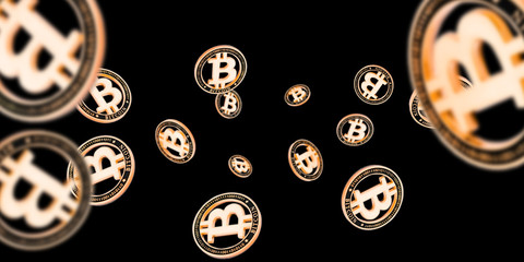 Money falling. Gold Bitcoins on dark. Litecoin, Ethereum Cryptocurrency background.