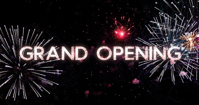 Grand Opening Text Animation With Beautiful Fireworks On Black Night Sky, Typography Design - Event & Promotion Concept	