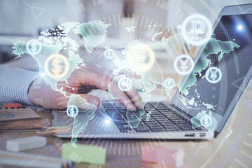 Double exposure of stock market graph with man working on laptop on background. Concept of financial analysis.
