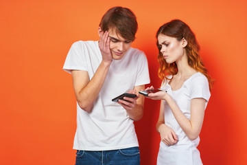 young couple in t-shirts chatting