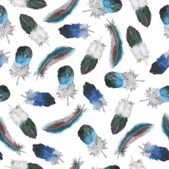 Seamless pattern with decorative blue and green feathers on white background. Hand drawn watercolor illustration.