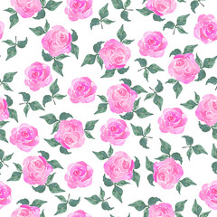 Seamless pattern with decorative pink rose flowers and green branches on white background. Hand drawn watercolor illustration.
