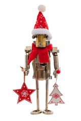 Steampunk robot holding christmas tree. New Year style. Chrome and bronze parts.