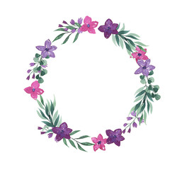 Cartoon pink, purple and violet flowers and green leaves round frame isolated on white background. Hand drawn watercolor illustration.