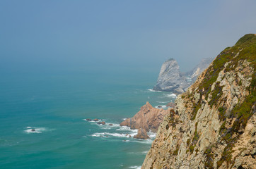 Portugal, The Western Cape Roca of Europe, landscape of Cape Roca, Atlantic ocean coastline view from Cabo da Roca, Azure Atlantic water, cliffs of coastline at the extreme point of Europe
