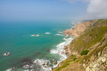 Portugal, The Western Cape Roca of Europe, landscape of Cape Roca, Atlantic ocean coastline view from Cabo da Roca, Azure Atlantic water, cliffs of coastline at the extreme point of Europe