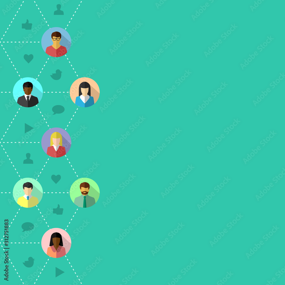 Poster social media and network concept with related icons and diverse people connected by dotted lines. ve