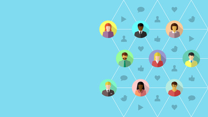 Diverse people connecting to each other as social media and networking concept. Vector illustration in flat design.