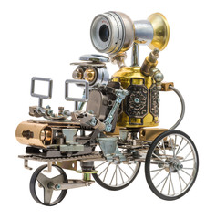 Steampunk robot on vehicle. Cyberpunk style. Chrome and bronze parts. Isolated on white.