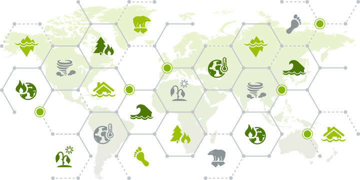 Climate Change / Global Warming Consequences – World Map Icon Concept: Drought, Sea Level Rise, Heat, Flood, Storm - Vector Illustration