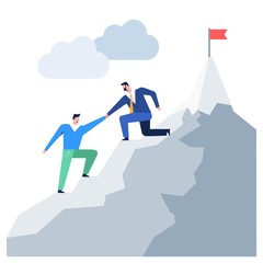 Business people climbing to mountain leader helping colleague reaching goal vector graphic. Cartoon male enjoying leadership and teamwork flat design illustration isolated on white
