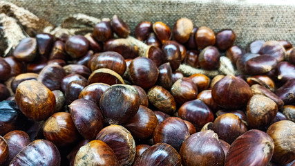 Fresh ripe chesnuts on the sack napkin for Christmas and autumn season
