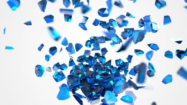 Abstract 3D explosion ball with crystal color object inside. Geometric slow motion realistic exploding sphere with many little diamond or rubin detail pieces. Alpha channel. 4K.