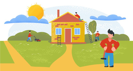 Obraz na płótnie Canvas Man renovated his house. Man put his house and his plot in order. Man is pleased with result of work. Be proud of your work. Vector stock illustration. Flat characters. Cartoon.